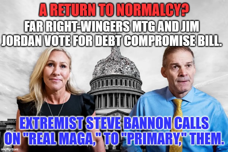 "What have they done for us lately?"  To MAGA, loyalty is a one-way street. | A RETURN TO NORMALCY? FAR RIGHT-WINGERS MTG AND JIM JORDAN VOTE FOR DEBT COMPROMISE BILL. EXTREMIST STEVE BANNON CALLS ON "REAL MAGA," TO "PRIMARY," THEM. | image tagged in politics | made w/ Imgflip meme maker