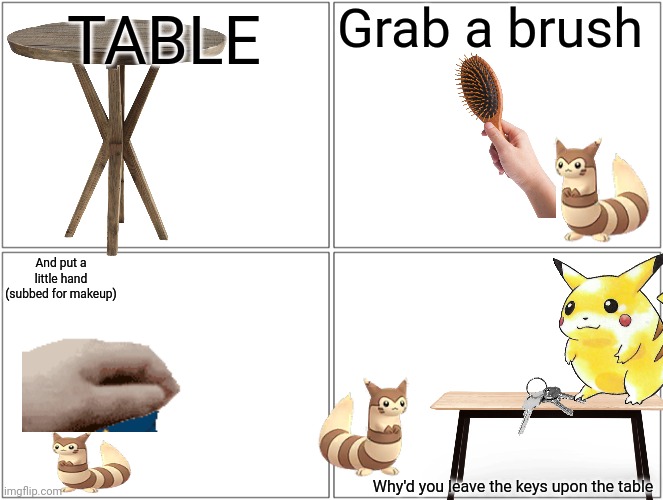 Chop Suey! | Grab a brush; TABLE; And put a little hand (subbed for makeup); Why'd you leave the keys upon the table | image tagged in memes,blank comic panel 2x2 | made w/ Imgflip meme maker