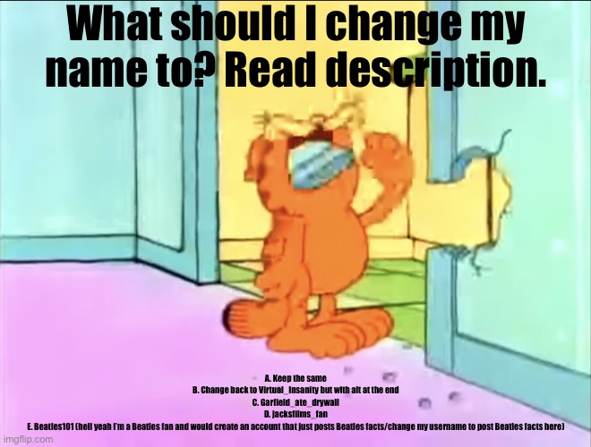 Garfield drywall | What should I change my name to? Read description. A. Keep the same
B. Change back to Virtual_Insanity but with alt at the end
C. Garfield_ate_drywall
D. jacksfilms_fan
E. Beatles101 (hell yeah I’m a Beatles fan and would create an account that just posts Beatles facts/change my username to post Beatles facts here) | image tagged in garfield drywall | made w/ Imgflip meme maker