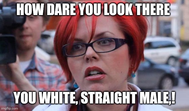 Angry Feminist | HOW DARE YOU LOOK THERE YOU WHITE, STRAIGHT MALE,! | image tagged in angry feminist | made w/ Imgflip meme maker