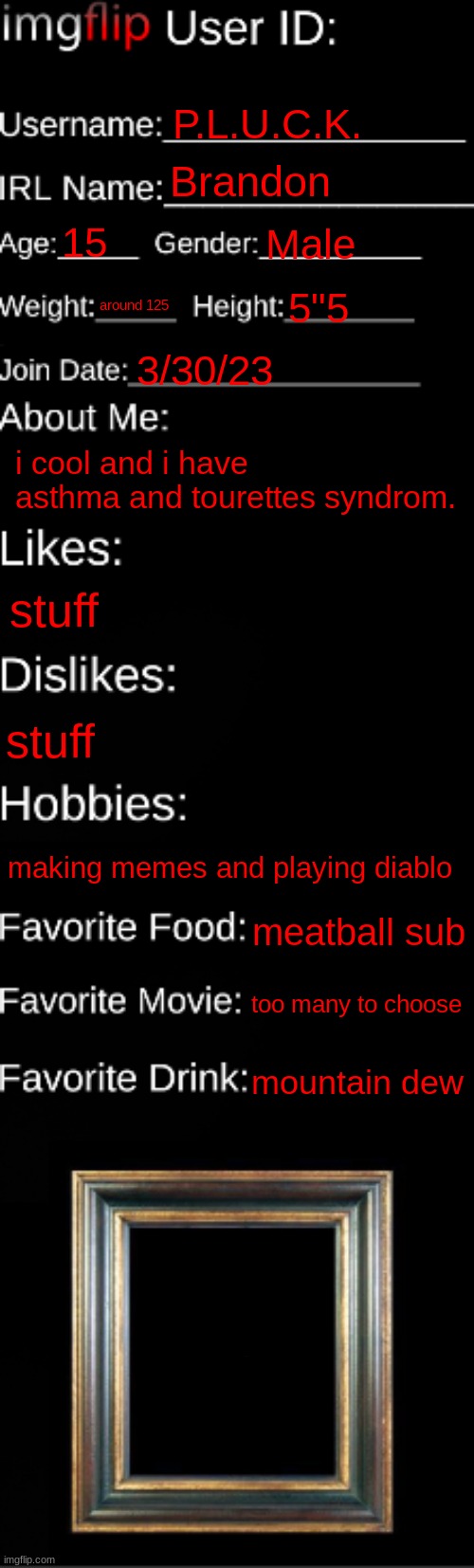 imgflip ID Card | P.L.U.C.K. Brandon; 15; Male; around 125; 5"5; 3/30/23; i cool and i have asthma and tourettes syndrom. stuff; stuff; making memes and playing diablo; meatball sub; too many to choose; mountain dew | image tagged in imgflip id card | made w/ Imgflip meme maker
