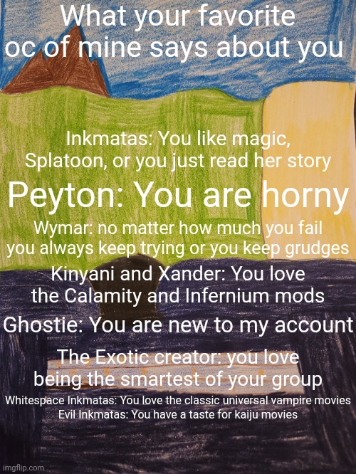Old ahhh art as background | What your favorite oc of mine says about you; Inkmatas: You like magic, Splatoon, or you just read her story; Peyton: You are horny; Wymar: no matter how much you fail you always keep trying or you keep grudges; Kinyani and Xander: You love the Calamity and Infernium mods; Ghostie: You are new to my account; The Exotic creator: you love being the smartest of your group; Whitespace Inkmatas: You love the classic universal vampire movies
Evil Inkmatas: You have a taste for kaiju movies | made w/ Imgflip meme maker