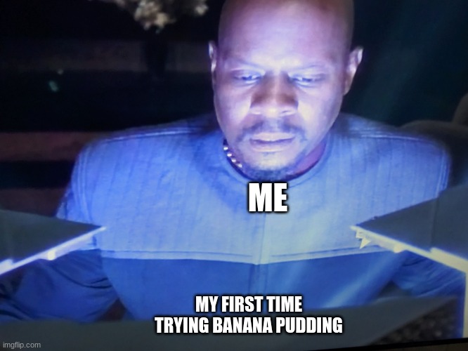 If you haven't tried banana pudding, you should. It tastes awesome | ME; MY FIRST TIME TRYING BANANA PUDDING | image tagged in sisko is enlightened,dessert,food | made w/ Imgflip meme maker