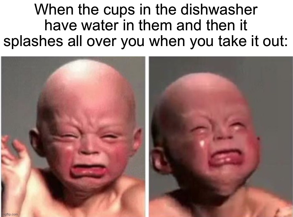 This happens to me too often | When the cups in the dishwasher have water in them and then it splashes all over you when you take it out: | image tagged in memes,funny,true story,relatable memes,dishwasher,funny memes | made w/ Imgflip meme maker