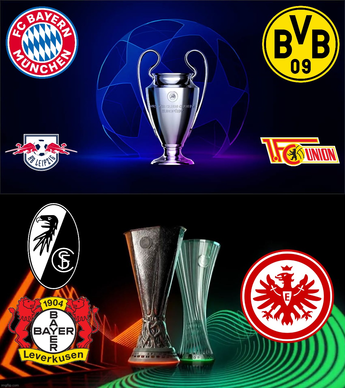 Bundesliga Teams that would compete in the European Competitions 2023-2024 (Champions,Europa,Conference League) | image tagged in bundesliga,champions league,europa league,europa conference league,futbol,sports | made w/ Imgflip meme maker