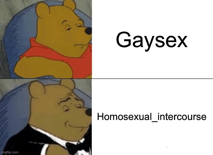 Tuxedo Winnie The Pooh Meme | Gaysex; Homosexual_intercourse | image tagged in memes,tuxedo winnie the pooh | made w/ Imgflip meme maker