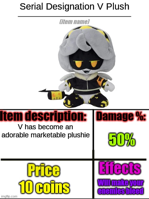 Item-shop extended | Serial Designation V Plush; V has become an adorable marketable plushie; 50%; 10 coins; Will make your enemies bleed | image tagged in item-shop extended | made w/ Imgflip meme maker