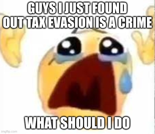 help please they're coming | GUYS I JUST FOUND OUT TAX EVASION IS A CRIME; WHAT SHOULD I DO | image tagged in crying emoji | made w/ Imgflip meme maker