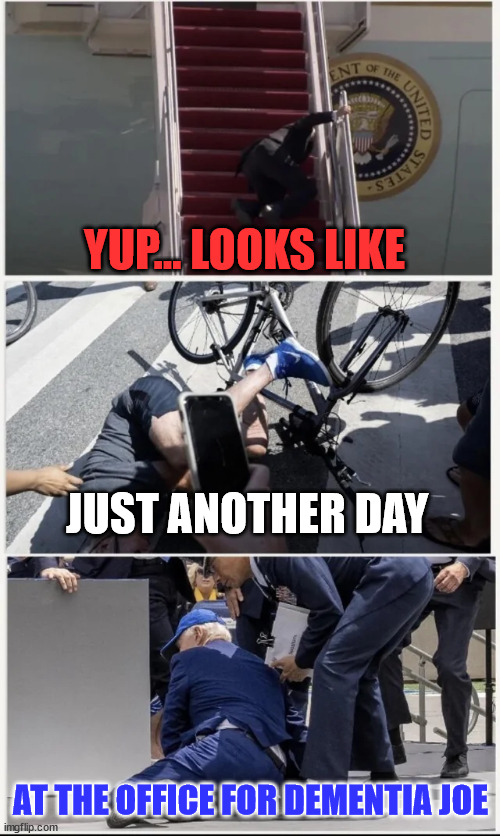 Almost a day doesn't go by without another fall... Post child for elderly abuse... | YUP... LOOKS LIKE; JUST ANOTHER DAY; AT THE OFFICE FOR DEMENTIA JOE | image tagged in another,biden,day | made w/ Imgflip meme maker