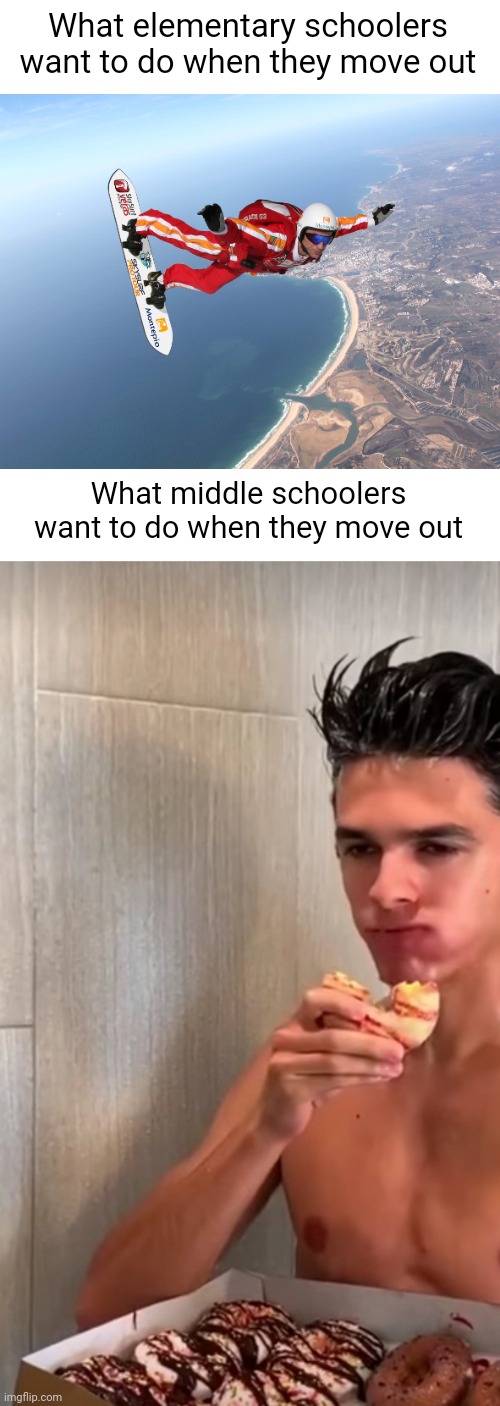 Meme #1,708 | What elementary schoolers want to do when they move out; What middle schoolers want to do when they move out | image tagged in blank white template,donuts,shower,elementary,middle school,relatable | made w/ Imgflip meme maker