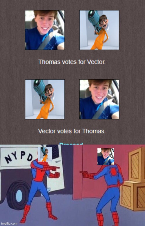 image tagged in spiderman pointing at spiderman,despicable me,vine,thomas sanders,vector | made w/ Imgflip meme maker