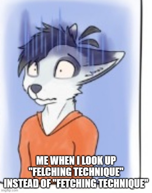 What? | ME WHEN I LOOK UP "FELCHING TECHNIQUE" INSTEAD OF "FETCHING TECHNIQUE" | image tagged in disturbed furry from a comic by marmorexx | made w/ Imgflip meme maker