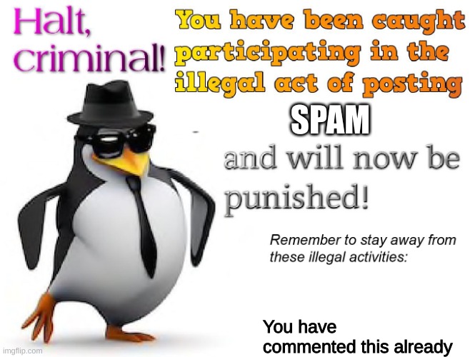 halt criminal! | SPAM You have commented this already | image tagged in halt criminal | made w/ Imgflip meme maker