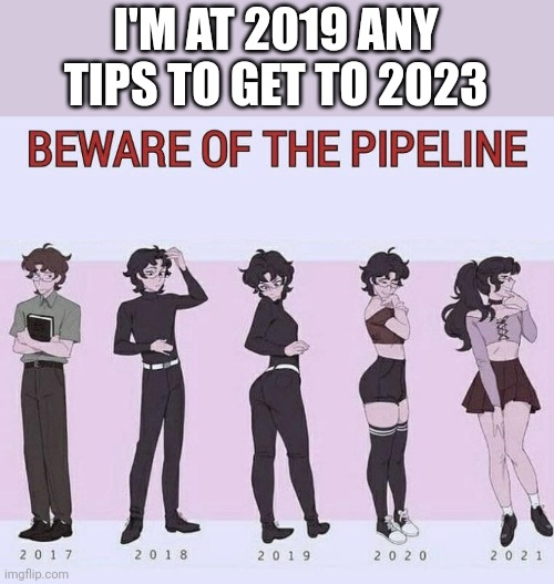 Any tips | I'M AT 2019 ANY TIPS TO GET TO 2023 | image tagged in beware of the pipeline | made w/ Imgflip meme maker