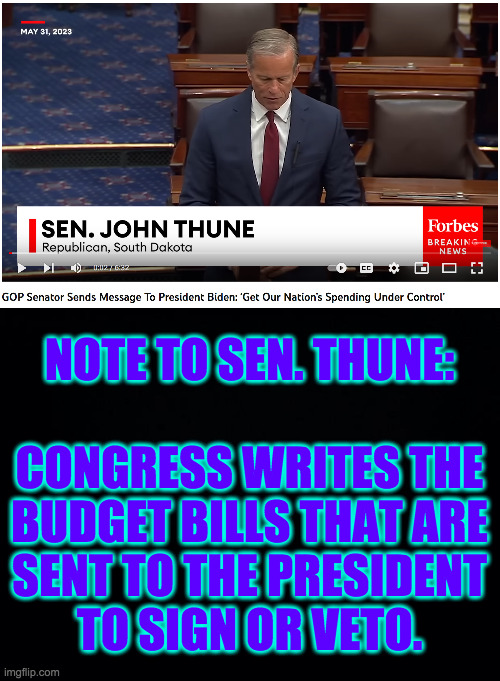 Remedial Congressional protocol for Republicans. | NOTE TO SEN. THUNE:
 
CONGRESS WRITES THE
BUDGET BILLS THAT ARE
SENT TO THE PRESIDENT
TO SIGN OR VETO. | image tagged in memes,us senate | made w/ Imgflip meme maker