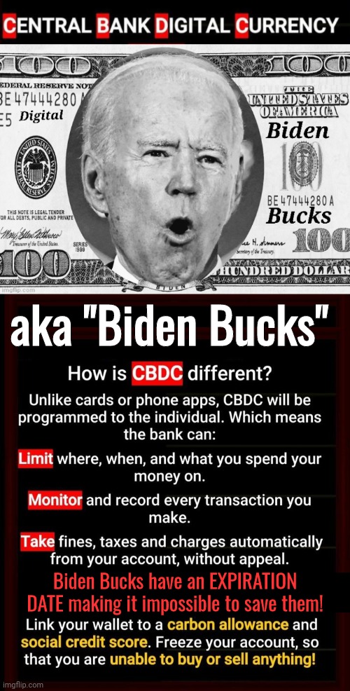 Biden Bucks dastardly drawbacks | aka "Biden Bucks"; Biden Bucks have an EXPIRATION DATE making it impossible to save them! | image tagged in digital currency biden bucks | made w/ Imgflip meme maker