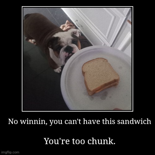 Winnin requests sandwich | No winnin, you can't have this sandwich | You're too chunk. | image tagged in funny,demotivationals | made w/ Imgflip demotivational maker