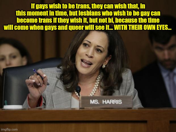 Kamala Harris | If gays wish to be trans, they can wish that, in this moment in time, but lesbians who wish to be gay can become trans if they wish it, but  | image tagged in kamala harris | made w/ Imgflip meme maker