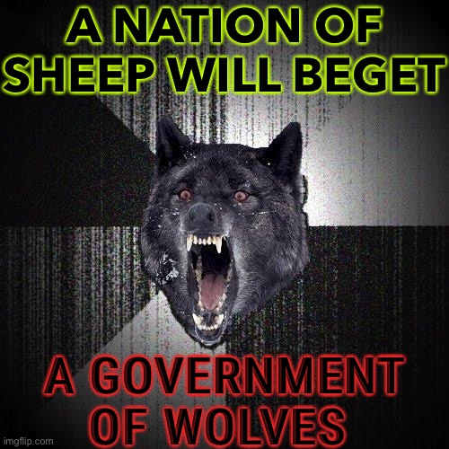 A Nation Of Sheep Will Beget A Government Of Wolves | A NATION OF SHEEP WILL BEGET; A GOVERNMENT OF WOLVES | image tagged in memes,insanity wolf | made w/ Imgflip meme maker