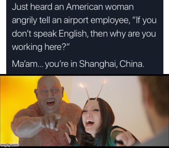 image tagged in pointing and laughing,karen,airport,china | made w/ Imgflip meme maker