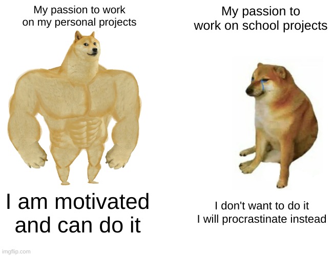 Buff Doge vs. Cheems Meme | My passion to work on my personal projects; My passion to work on school projects; I am motivated and can do it; I don't want to do it I will procrastinate instead | image tagged in memes,buff doge vs cheems | made w/ Imgflip meme maker