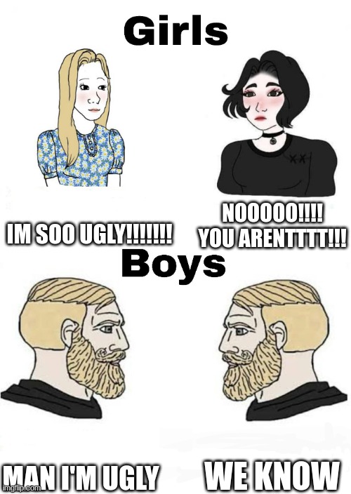 Girls vs Boys | IM SOO UGLY!!!!!!! NOOOOO!!!! YOU ARENTTTT!!! WE KNOW; MAN I'M UGLY | image tagged in girls vs boys | made w/ Imgflip meme maker