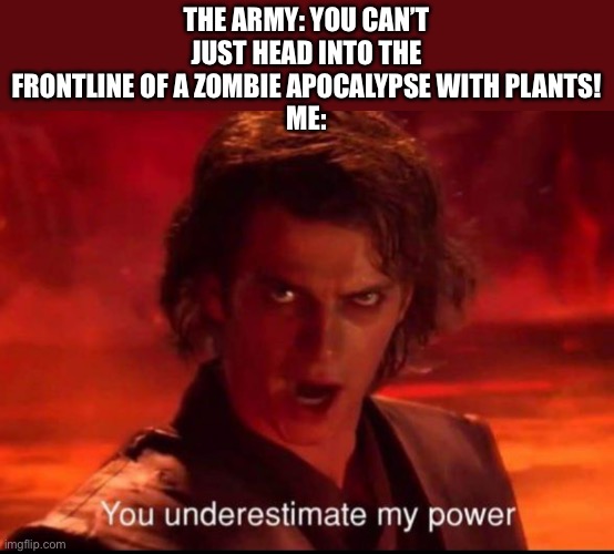 You underestimate my power | THE ARMY: YOU CAN’T JUST HEAD INTO THE FRONTLINE OF A ZOMBIE APOCALYPSE WITH PLANTS!
ME: | image tagged in you underestimate my power | made w/ Imgflip meme maker