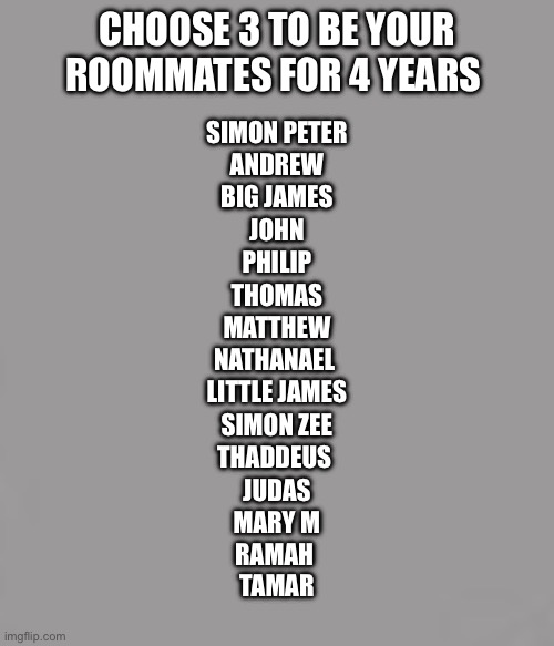 Gray Blank, Grey Blank | CHOOSE 3 TO BE YOUR ROOMMATES FOR 4 YEARS; SIMON PETER; ANDREW; BIG JAMES; JOHN; PHILIP; THOMAS; MATTHEW; NATHANAEL; LITTLE JAMES; SIMON ZEE; THADDEUS; JUDAS; MARY M; RAMAH; TAMAR | image tagged in gray blank grey blank,the chosen | made w/ Imgflip meme maker