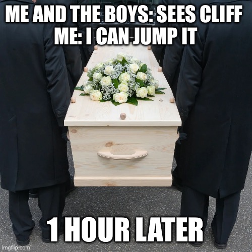 I couldn’t jump it | ME AND THE BOYS: SEES CLIFF 
ME: I CAN JUMP IT; 1 HOUR LATER | image tagged in dead,cliff | made w/ Imgflip meme maker