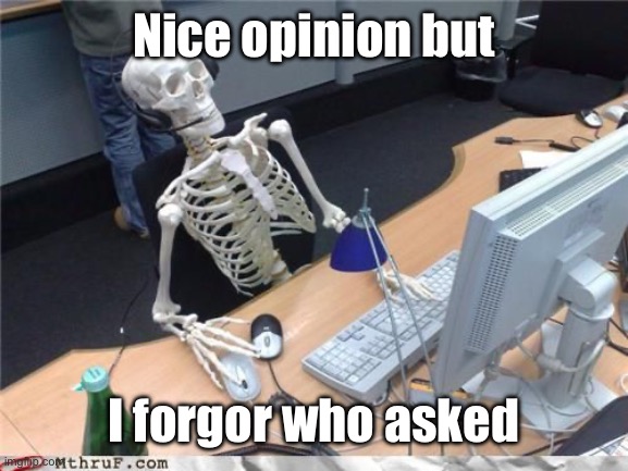 Skeleton Computer | Nice opinion but I forgor who asked | image tagged in skeleton computer | made w/ Imgflip meme maker