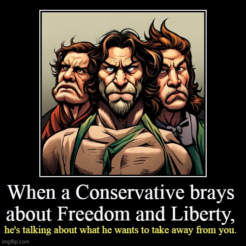 When a Conservative brays about Freedom and Liberty, | he's talking about what he wants to take away from you. | image tagged in funny,demotivationals,freedom,liberty,conservatives,take | made w/ Imgflip demotivational maker