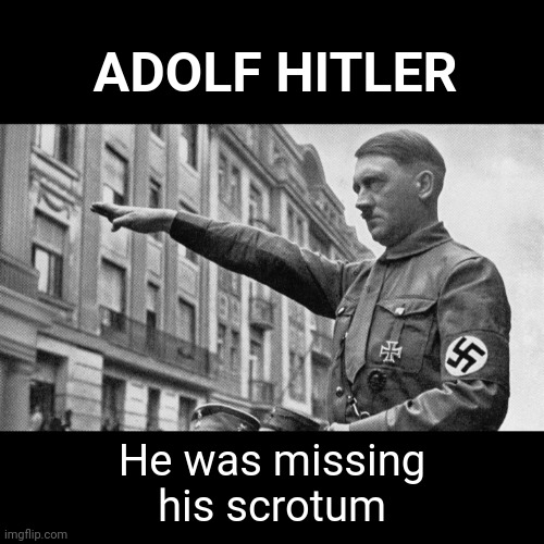 Terrorist Scrotum | ADOLF HITLER; He was missing his scrotum | image tagged in hitler | made w/ Imgflip meme maker