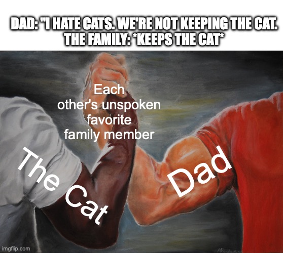 It Always Happens... | DAD: "I HATE CATS. WE'RE NOT KEEPING THE CAT.
THE FAMILY: *KEEPS THE CAT*; Each other's unspoken favorite family member; Dad; The Cat | image tagged in memes,epic handshake | made w/ Imgflip meme maker
