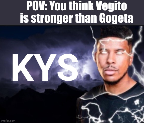 Gogeta is strong, fight me | POV: You think Vegito is stronger than Gogeta; KYS | image tagged in k wodr blank | made w/ Imgflip meme maker