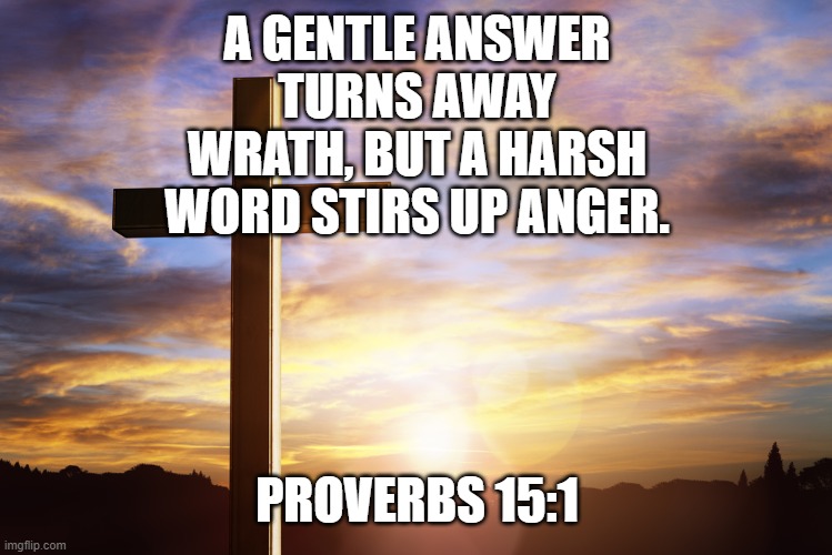Bible Verse of the Day | A GENTLE ANSWER TURNS AWAY WRATH, BUT A HARSH WORD STIRS UP ANGER. PROVERBS 15:1 | image tagged in bible verse of the day | made w/ Imgflip meme maker