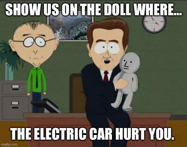 Electric car morons | SHOW US ON THE DOLL WHERE…; THE ELECTRIC CAR HURT YOU. | image tagged in show us on the doll where the meme hurt you | made w/ Imgflip meme maker
