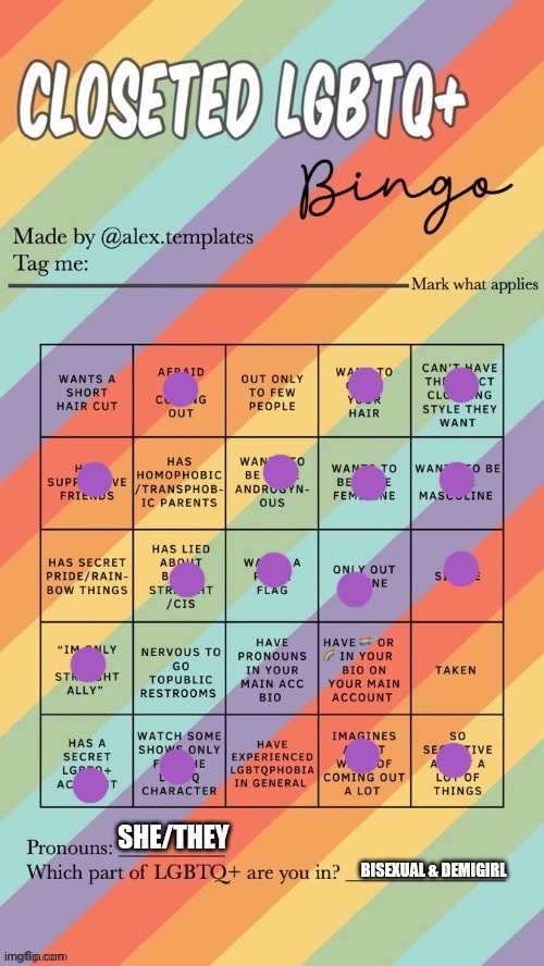 so yeah | SHE/THEY; BISEXUAL & DEMIGIRL | image tagged in closeted lgbtq bingo | made w/ Imgflip meme maker