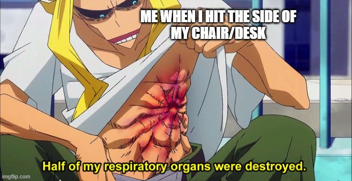 when i hit the side of my desk/chair | ME WHEN I HIT THE SIDE OF
MY CHAIR/DESK | image tagged in half of my respiratory organs were destroyed | made w/ Imgflip meme maker