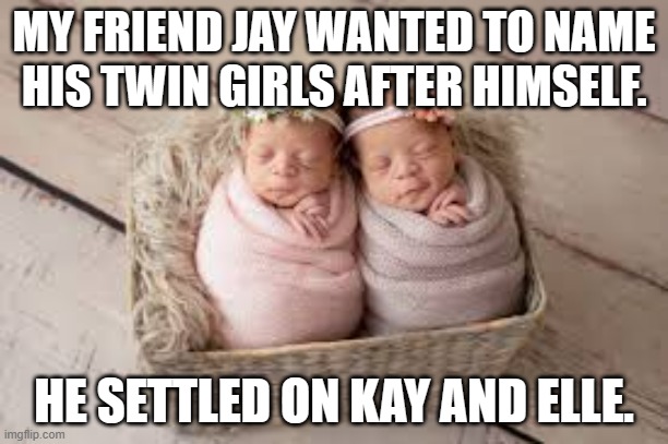meme by Brad my friend jay named his twins after himself | MY FRIEND JAY WANTED TO NAME HIS TWIN GIRLS AFTER HIMSELF. HE SETTLED ON KAY AND ELLE. | image tagged in girls | made w/ Imgflip meme maker