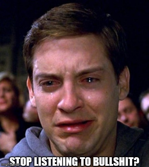 crying peter parker | STOP LISTENING TO BULLSHIT? | image tagged in crying peter parker | made w/ Imgflip meme maker