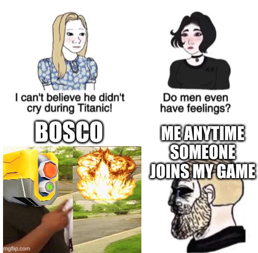 Chad crying | ME ANYTIME SOMEONE JOINS MY GAME; BOSCO | image tagged in chad crying | made w/ Imgflip meme maker