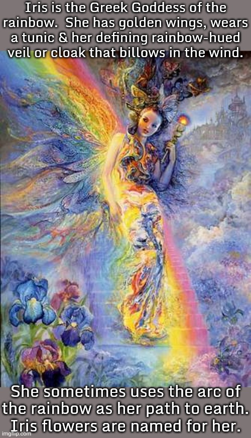 Happy pride month. | Iris is the Greek Goddess of the
rainbow.  She has golden wings, wears
a tunic & her defining rainbow-hued veil or cloak that billows in the wind. She sometimes uses the arc of
the rainbow as her path to earth.
Iris flowers are named for her. | image tagged in greek mythology,colorful | made w/ Imgflip meme maker