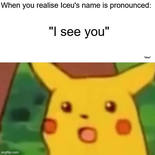 Why am I oblivious to everything around me | When you realise Iceu's name is pronounced:; "I see you"; *dies* | image tagged in memes,surprised pikachu,i see you,bruh | made w/ Imgflip meme maker