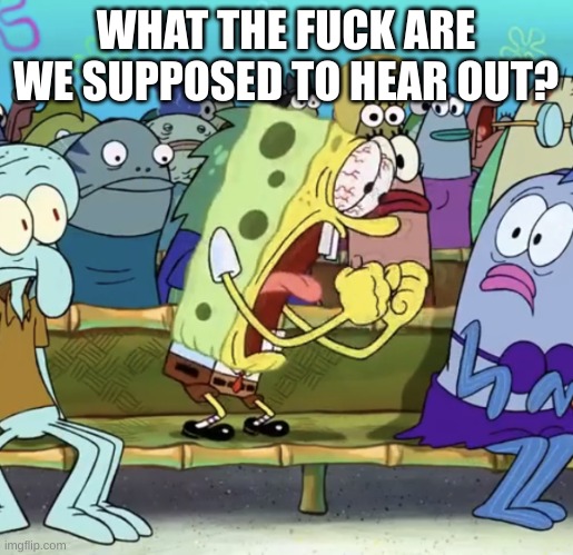 Spongebob Yelling | WHAT THE FUCK ARE WE SUPPOSED TO HEAR OUT? | image tagged in spongebob yelling | made w/ Imgflip meme maker
