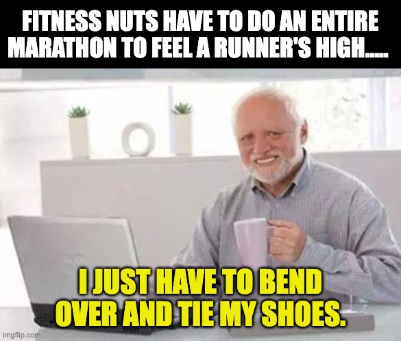 High | FITNESS NUTS HAVE TO DO AN ENTIRE MARATHON TO FEEL A RUNNER'S HIGH..... I JUST HAVE TO BEND OVER AND TIE MY SHOES. | image tagged in harold | made w/ Imgflip meme maker