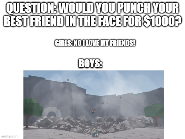 boys and girls | QUESTION: WOULD YOU PUNCH YOUR BEST FRIEND IN THE FACE FOR $1000? GIRLS: NO I LOVE MY FRIENDS! BOYS: | image tagged in memes | made w/ Imgflip meme maker