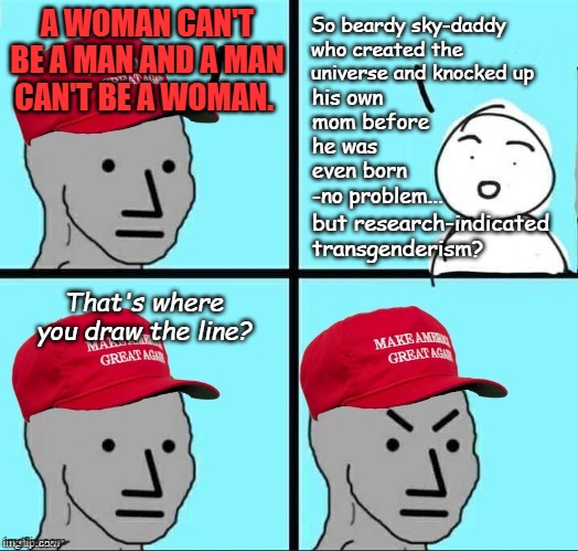 Really? | A WOMAN CAN'T BE A MAN AND A MAN CAN'T BE A WOMAN. So beardy sky-daddy who created the universe and knocked up; his own mom before he was even born -no problem... but research-indicated transgenderism? That's where you draw the line? | image tagged in maga npc an an0nym0us template,hold up,double standards,spotlight | made w/ Imgflip meme maker