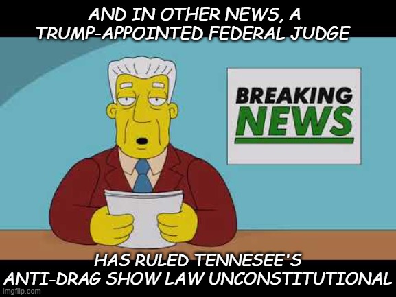 To anyone who cheered this law's passage, I've only one thing to say: you celebrated a violation of the Constitution. | AND IN OTHER NEWS, A TRUMP-APPOINTED FEDERAL JUDGE; HAS RULED TENNESEE'S ANTI-DRAG SHOW LAW UNCONSTITUTIONAL | image tagged in kent brockman,suck it,anti-constitutionalist,losers | made w/ Imgflip meme maker