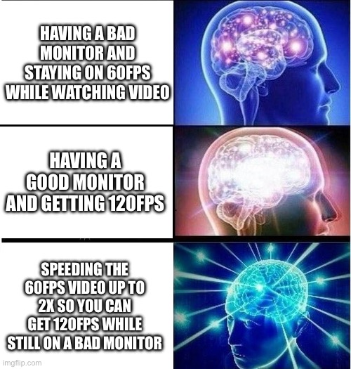 Am I the only one who does this? | HAVING A BAD MONITOR AND STAYING ON 60FPS WHILE WATCHING VIDEO; HAVING A GOOD MONITOR AND GETTING 120FPS; SPEEDING THE 60FPS VIDEO UP TO 2X SO YOU CAN GET 120FPS WHILE STILL ON A BAD MONITOR | image tagged in expanding brain 3 panels,videos,video | made w/ Imgflip meme maker