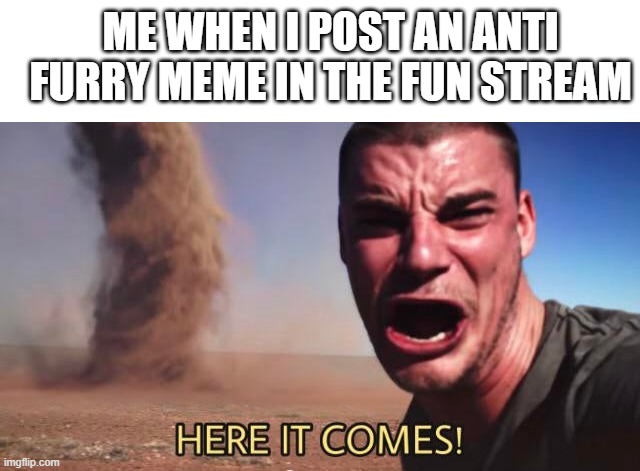 did this once... | ME WHEN I POST AN ANTI FURRY MEME IN THE FUN STREAM | image tagged in here it comes | made w/ Imgflip meme maker